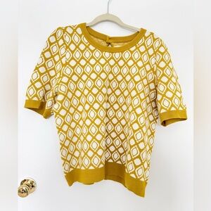 Anthropologie Mustard and White Geometric Short Sleeve Sweater